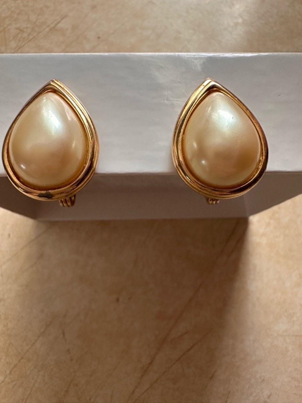 Vintage Monet Gold-Tone Teardrop Pearl Clip-On Earrings - Cream